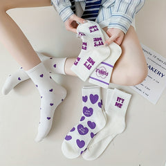 5 Pairs Heart Print Socks Comfy Women's Stockings & Hosiery