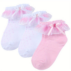 3 Pairs Girls Lace Ruffle Bow Socks for Autumn & Spring