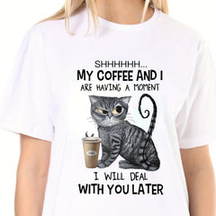 Cat & Coffee & Letter Print T shirt Crew Neck Short Sleeve Loose Top