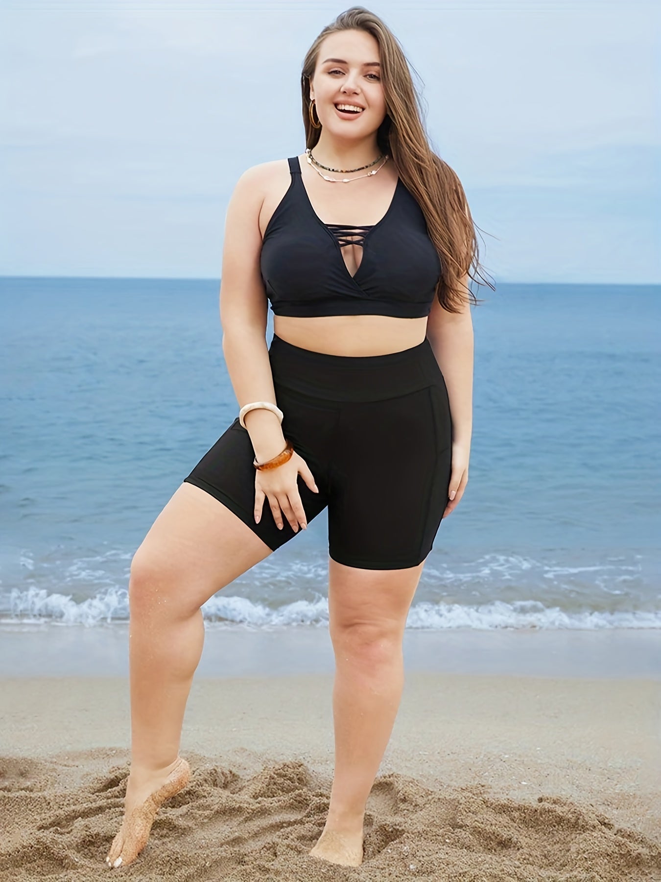 Modest Tankini Set Solid Bra & Shorts Swimsuit