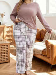 Ribbed Knit Top & Plaid Print Pants Pajamas Set