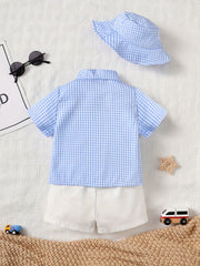 Baby Boys Bow Plaid Shirt Shorts Set With Hat Handsome Outfit