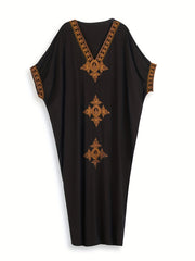 Golden Embroidered Batwing Sleeve V Neck Maxi Cover Up Dress