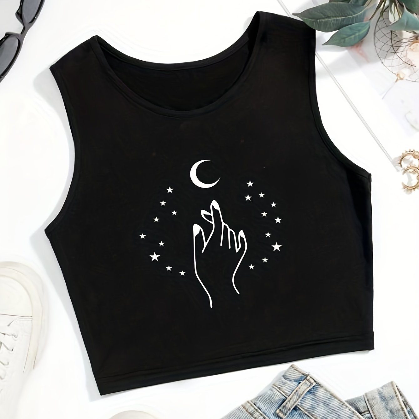 Moon Print Crop Tank Top Sleeveless Casual Summer Top