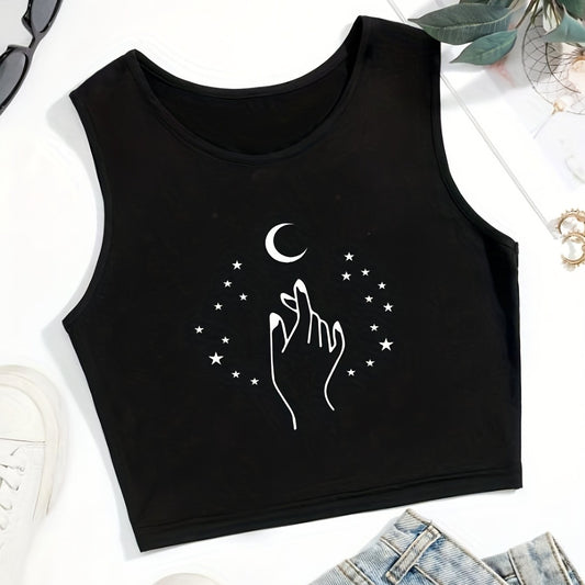 Moon Print Crop Tank Top Sleeveless Casual Summer Top