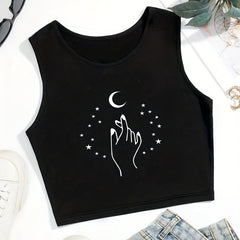 Moon Print Crop Tank Top Sleeveless Casual Summer Top