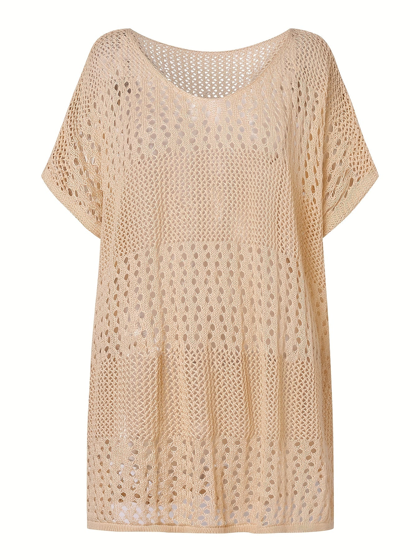 Apricot Crochet Eyelet Hollow Cove Up Dress Shorts Sleeve Solid Vacation Boho