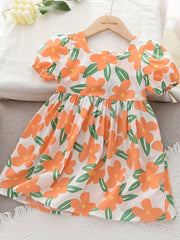 Girls' Cotton Floral Short Sleeve Casual Dress for Party Holiday