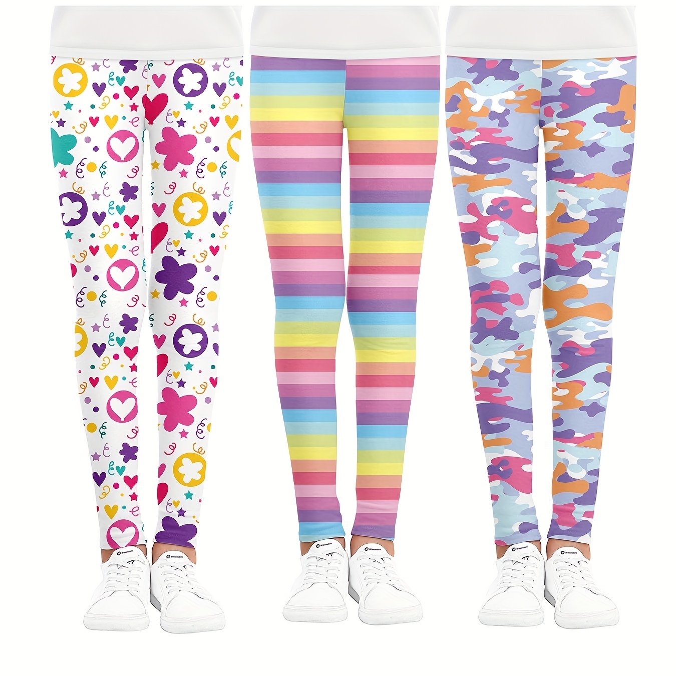 3pcs Girls Striped Camouflage And Heart Flowers Athletic Leggings