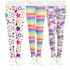 3pcs Girls Striped Camouflage And Heart Flowers Athletic Leggings