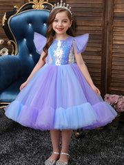 Girls Ruffled Sleeves Puffy Princess Dress Sequin Block Tulle Tutu Dress
