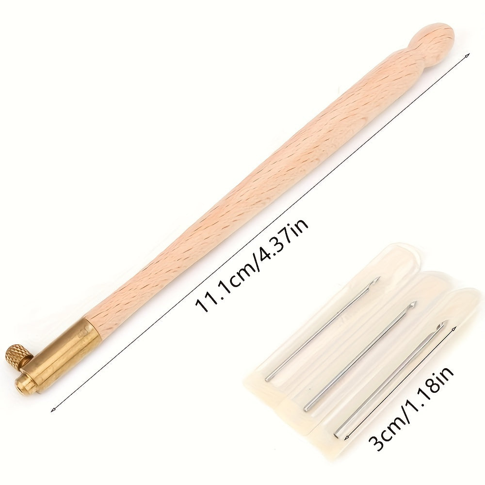1pc Embroidery Crochet Hooks With 3 Needles Wooden Handle French Tambour Hooks