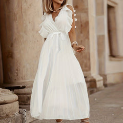 V Neck Pleated Ruffle Maxi Party Dress