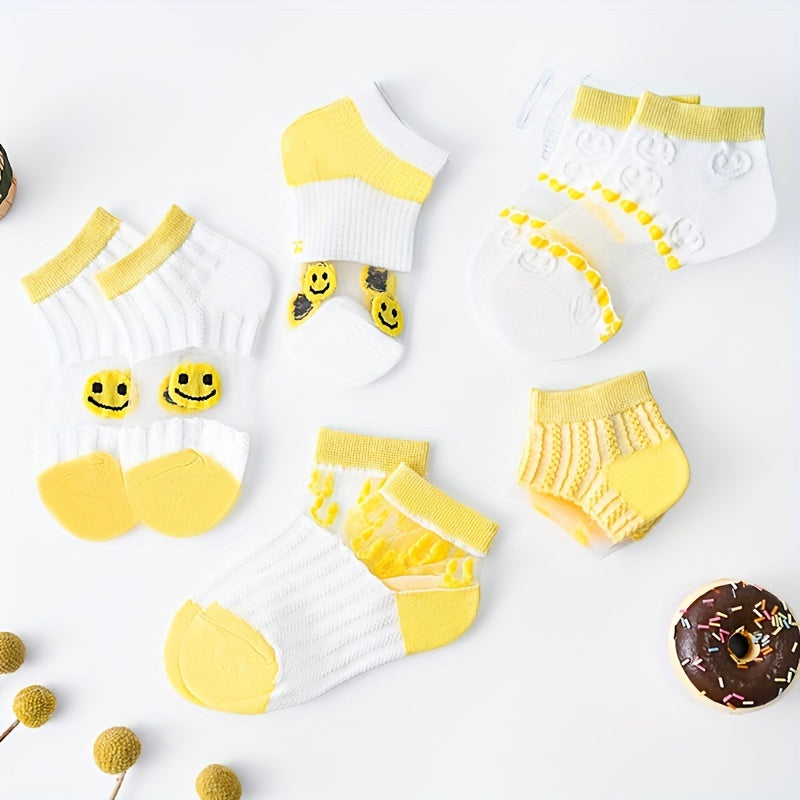 5pairs Baby Boys Kids Mesh Breathable Short Socks Cartoon Smile Face Pattern