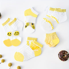 5pairs Baby Boys Kids Mesh Breathable Short Socks Cartoon Smile Face Pattern