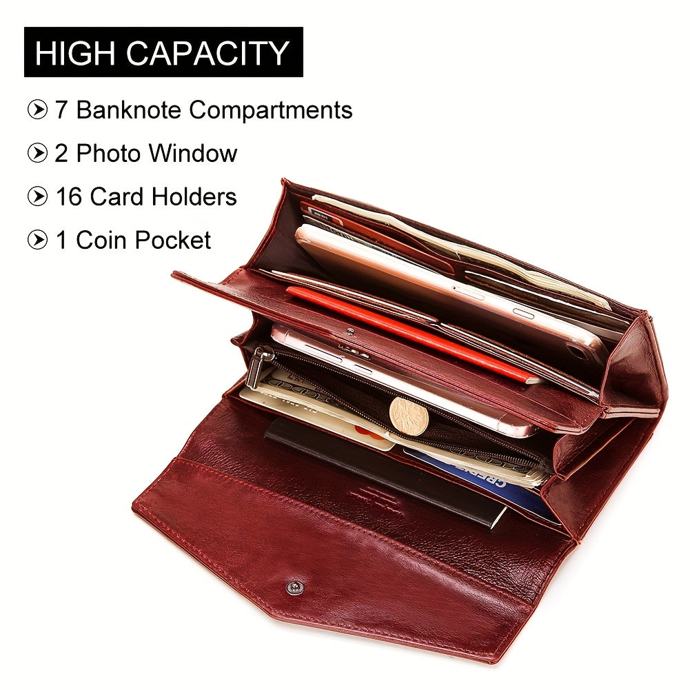 Women's Envelope Clutch Wallet Top Grain Leather Buckle Closure