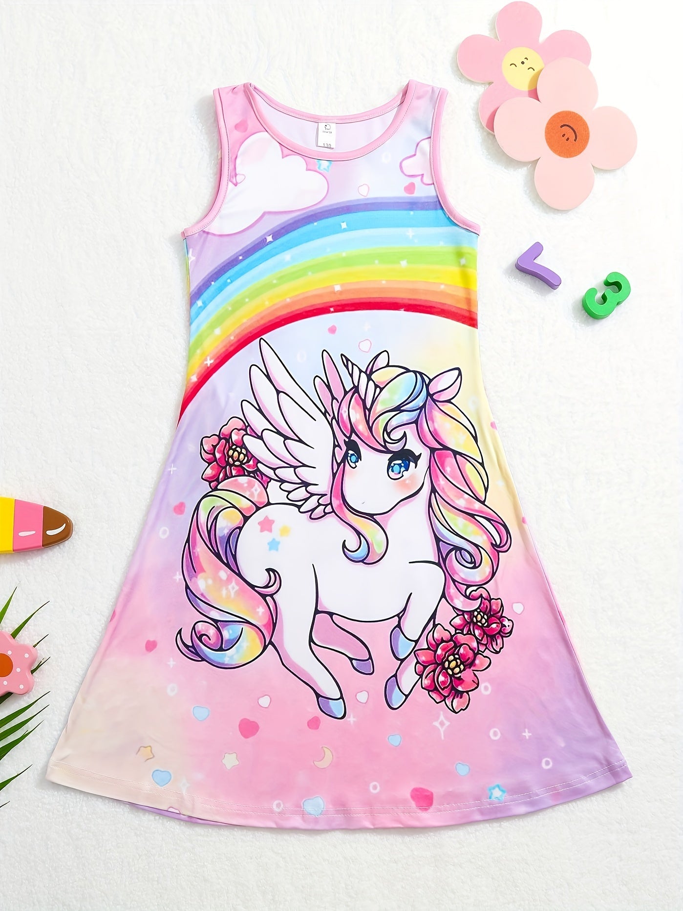 3D Unicorn Print Sleeveless Dress for Girls