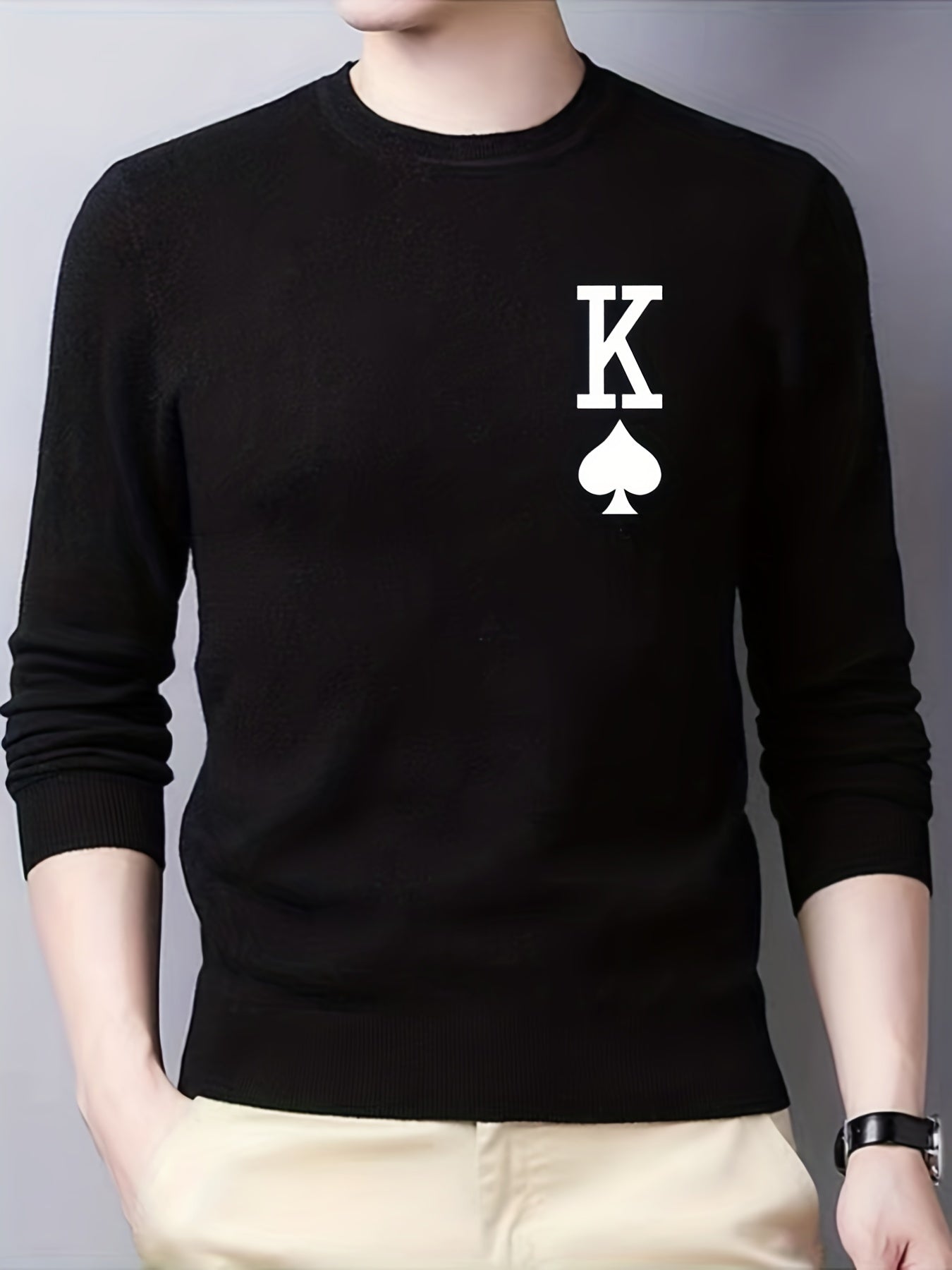 Spades Print Knitted Sweater Men's Warm Crew Neck Pullover