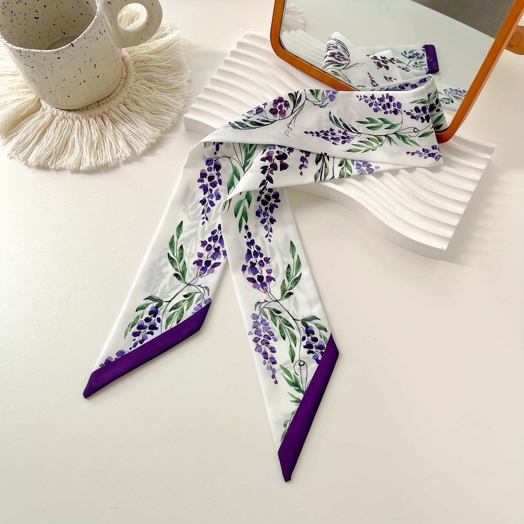 Purple Flower Print Skinny Scarf Silky Long Ribbon Neckerchief Satin