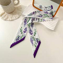 Purple Flower Print Skinny Scarf Silky Long Ribbon Neckerchief Satin