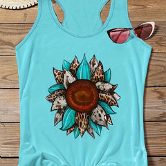 Casual Tank Top Women's Plus Leopard Sunflower Letter Print