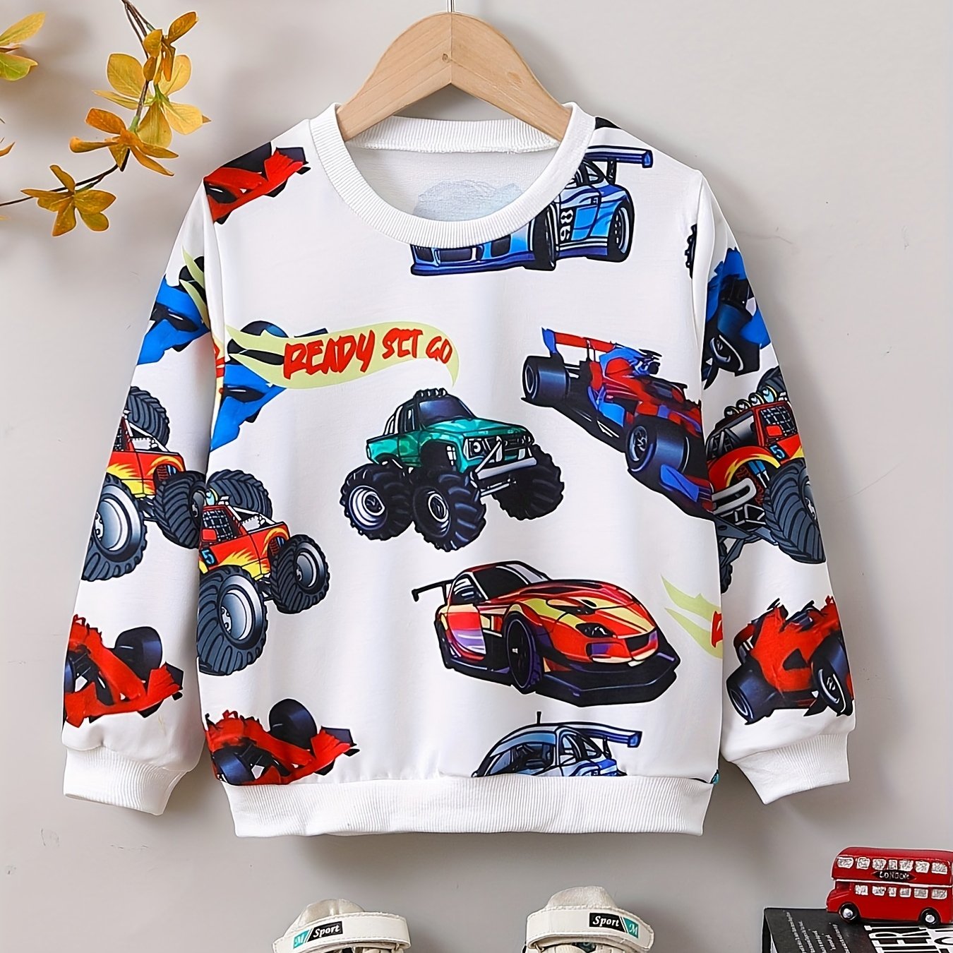 Boys Cartoon Car Print Sweatshirt Long Sleeve Crew Neck Top
