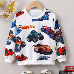 Boys Cartoon Car Print Sweatshirt Long Sleeve Crew Neck Top