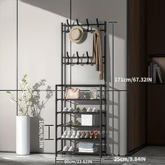 Shoe Rack Coat Rack with Storage Shelves & Hooks