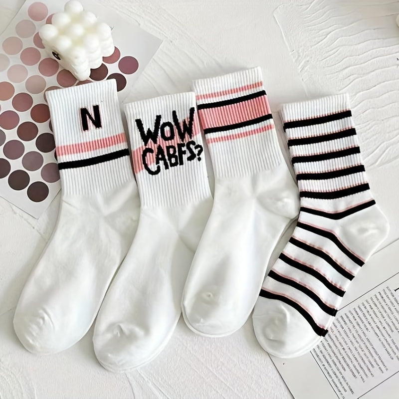 7 Pairs Letter Print Striped Socks Women's Stockings