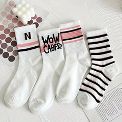 7 Pairs Letter Print Striped Socks Women's Stockings