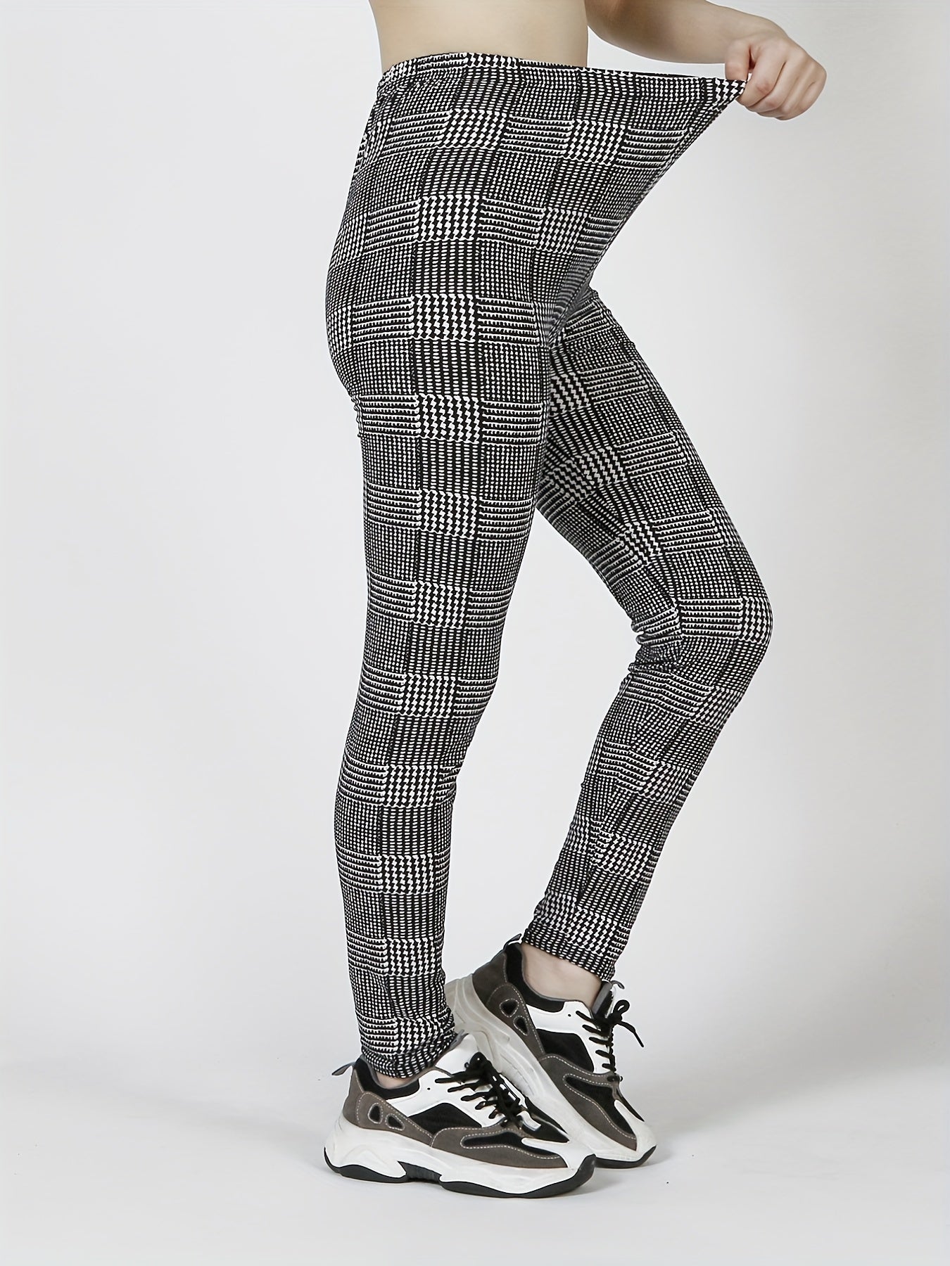 Plaid Slim Leggings High Waist Elastic Bottoms Women's Clothing