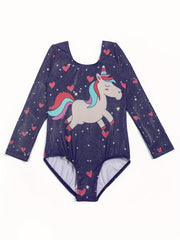 Girls Pony Graphic Print Long Sleeve Gymnastics Leotard