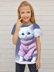 3D Cat Graphic Short Sleeve T Shirt for Girls