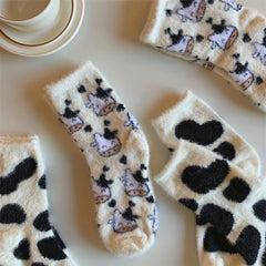 2 Pairs Cartoon Cow Spot Socks Warm & Fuzzy Stockings