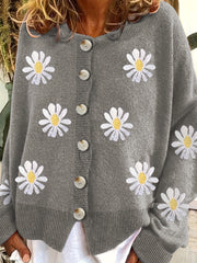 Floral Embroidery Cardigan Women's Round Neck Sweater