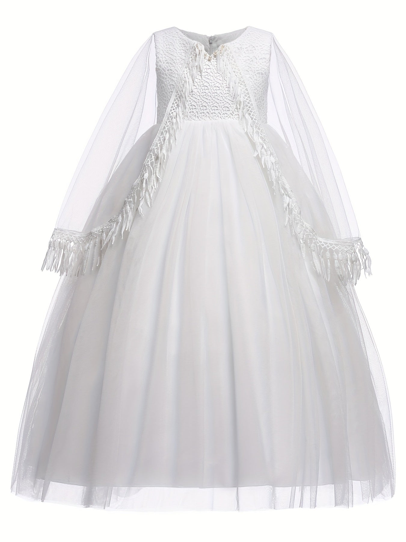 Kids Evening Mesh Tutu Dress With Tassel Lace Fluffy Sleeve Long