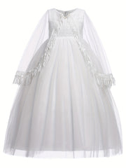 Kids Evening Mesh Tutu Dress With Tassel Lace Fluffy Sleeve Long