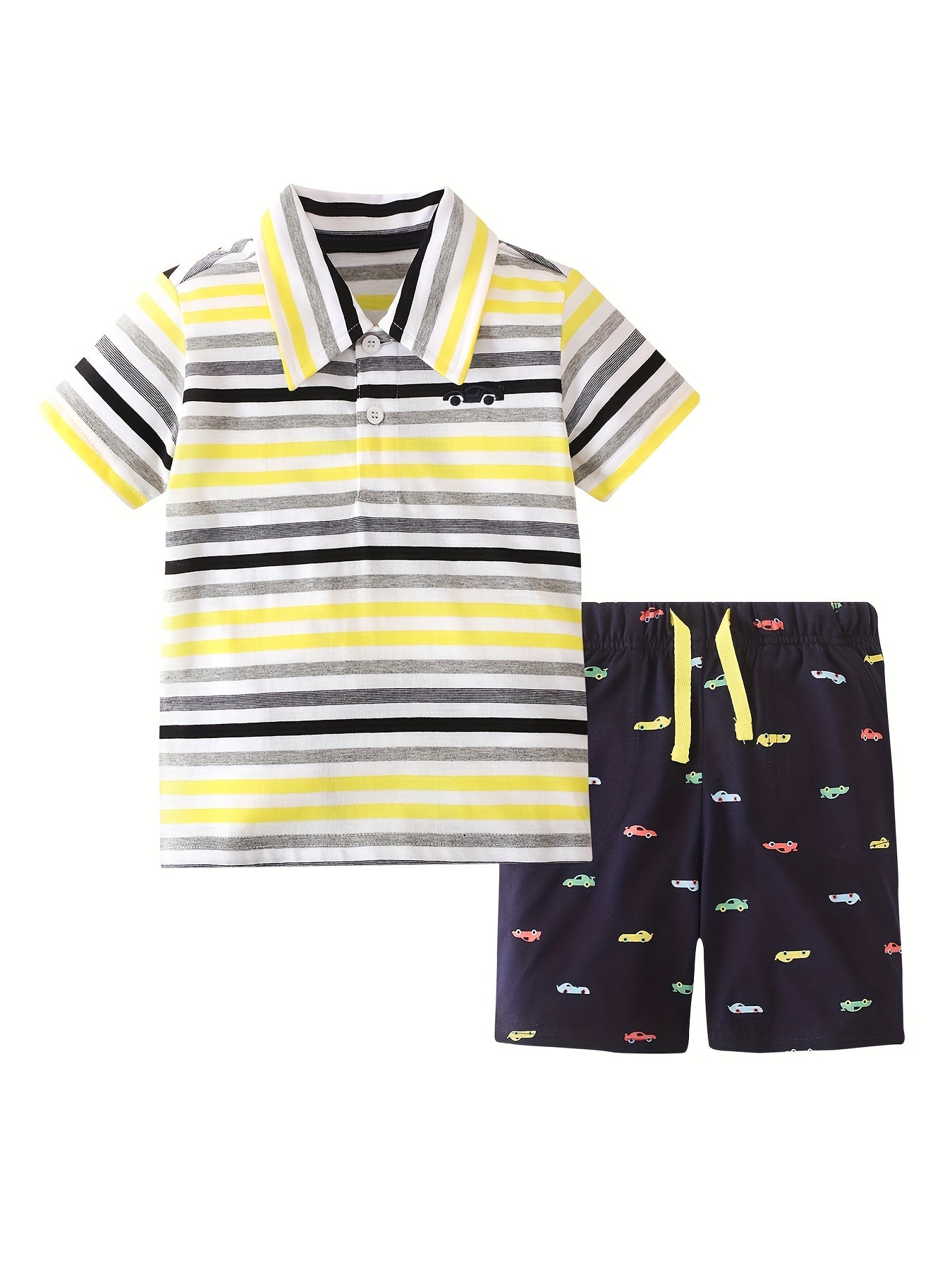 Cartoon Car Shorts & Striped T Shirt Set For Kids Breathable Cotton