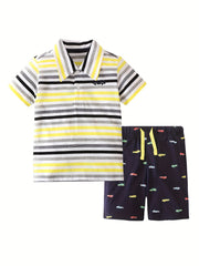 Cartoon Car Shorts & Striped T Shirt Set For Kids Breathable Cotton