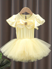 Girls Yellow Tulle Tutu Mesh Dress With Rhinestone Decoration