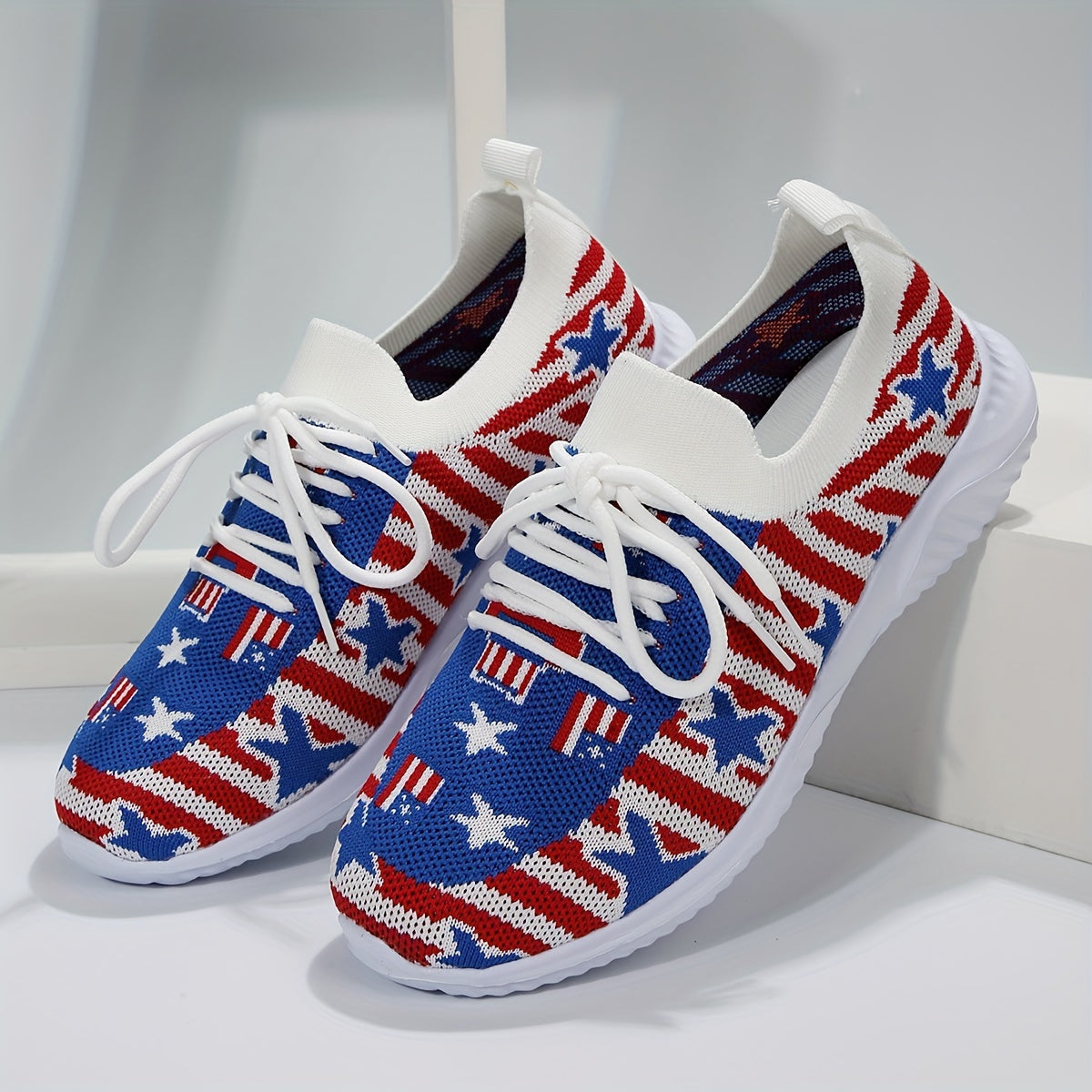 Women's Patriotic Walking Shoes Flying Woven Lace Up Flat Shoes