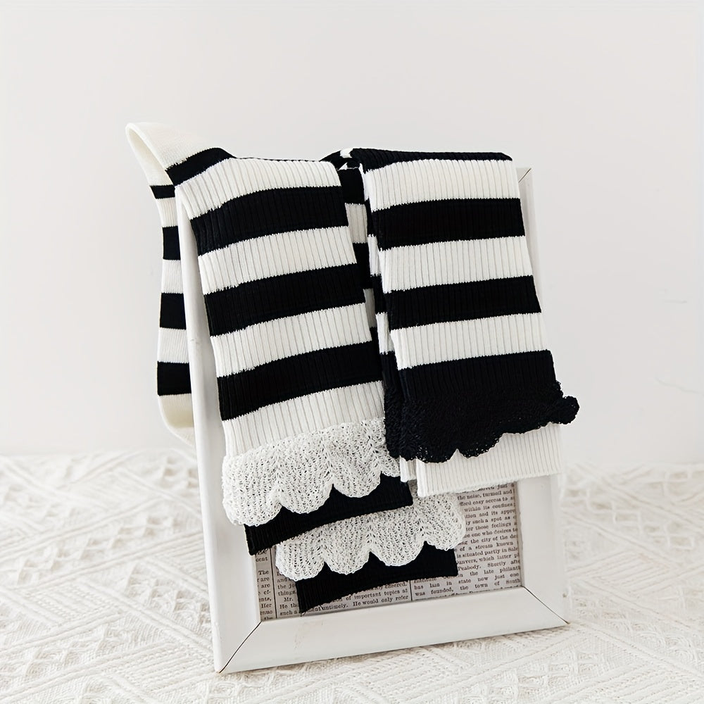 Striped Ruffle Socks 2 Pairs Comfy Mid Tube Socks Women's Stockings