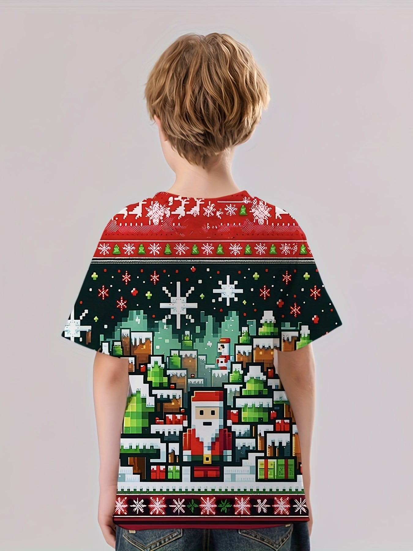 Pixel Christmas Print Boy's Tees Short Sleeve Crew Neck Comfy T-shirt