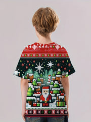 Pixel Christmas Print Boy's Tees Short Sleeve Crew Neck Comfy T-shirt