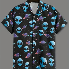 Alien And Planet Pattern Men's Short Sleeve Shirt For Autumn