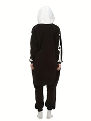 Skull Button Up Hooded Fleece Jumpsuit