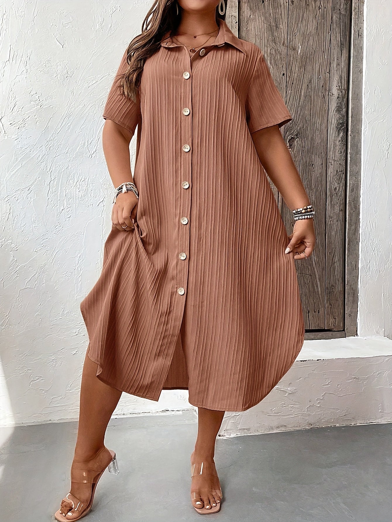 Women's Solid Textured Button Up Shirt Dress