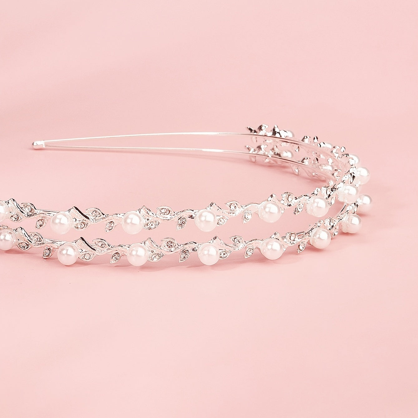Double Layer Faux Pearls Crown Headband With Rhinestones