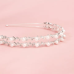 Double Layer Faux Pearls Crown Headband With Rhinestones