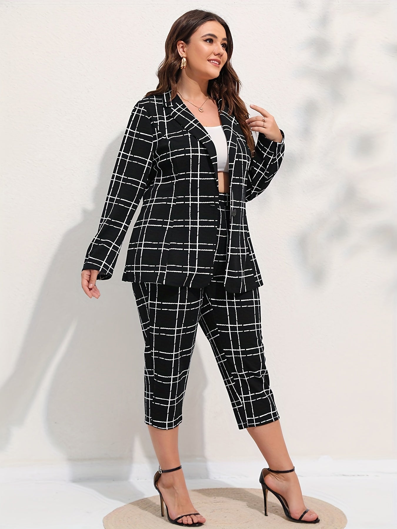 Grid Print Coat & Pants Suit Set